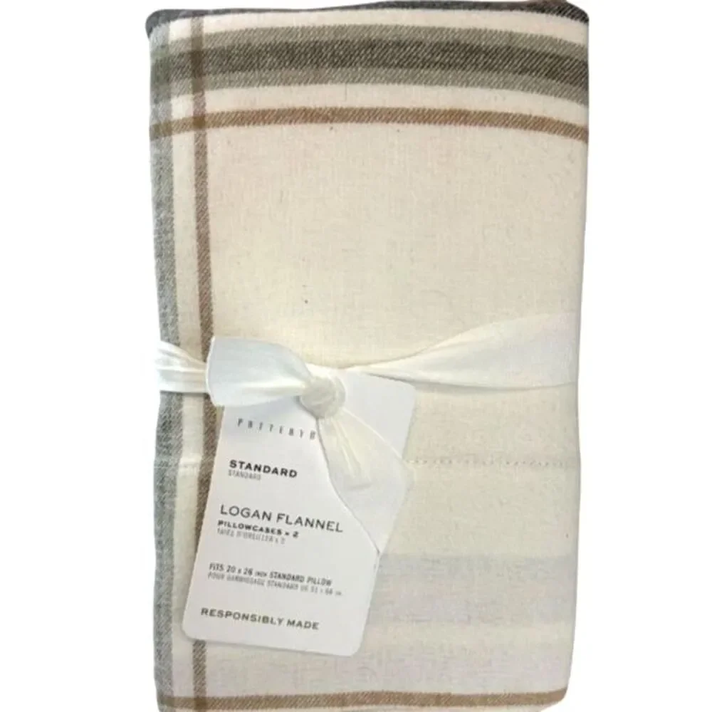 Pottery Barn Logan Plaid Flannel Pillowcases Standard Size Pack of 2 NEW Cream